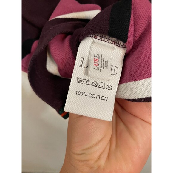 Luke Sport Men’s Polo Shirt Size L Red Pink Stripe Short Sleeve Preppy Rugby Y2k - Picture 7 of 7